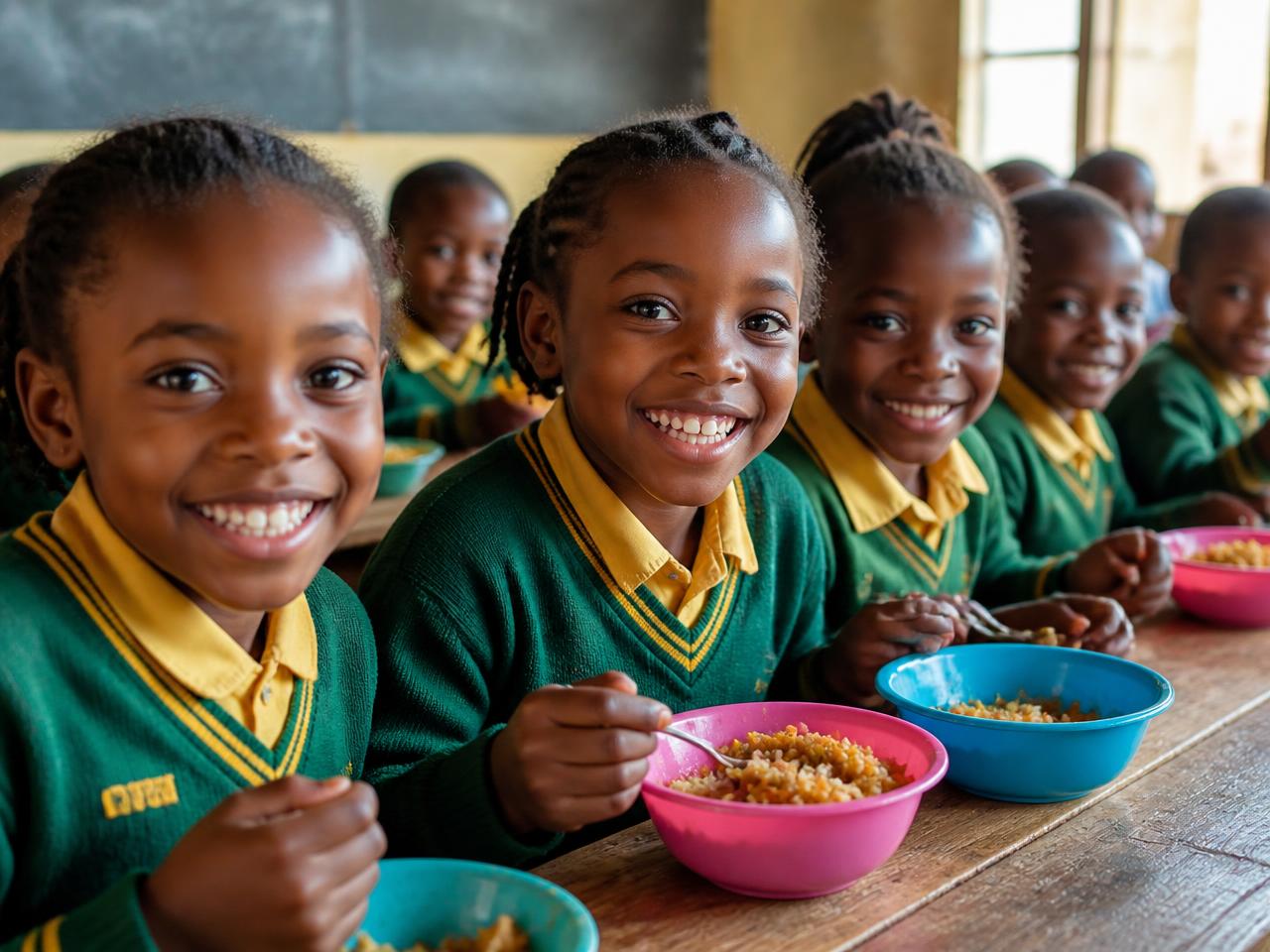 African schoolkids eating a warm lunch together and smiling