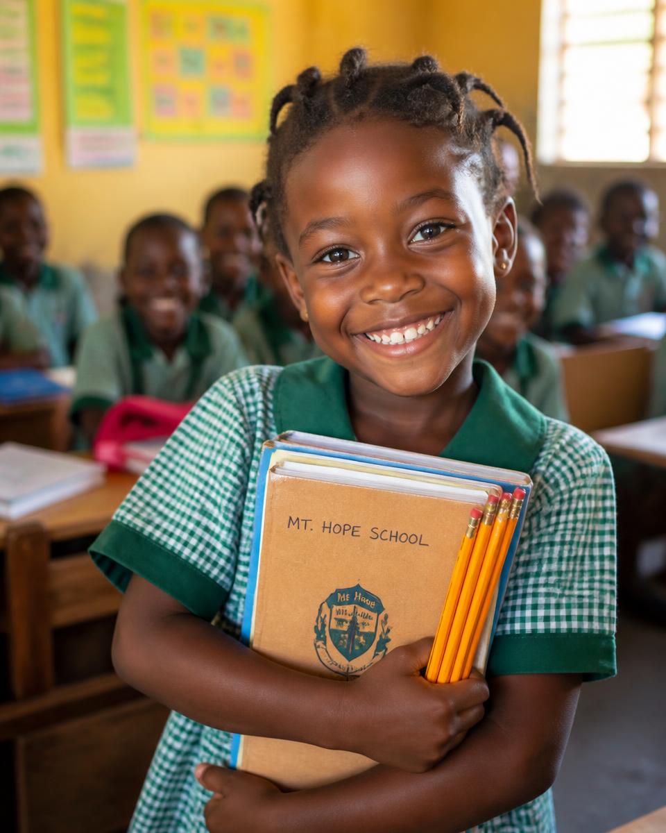 Smiling girl in school uniform holding new notebooks and pencils