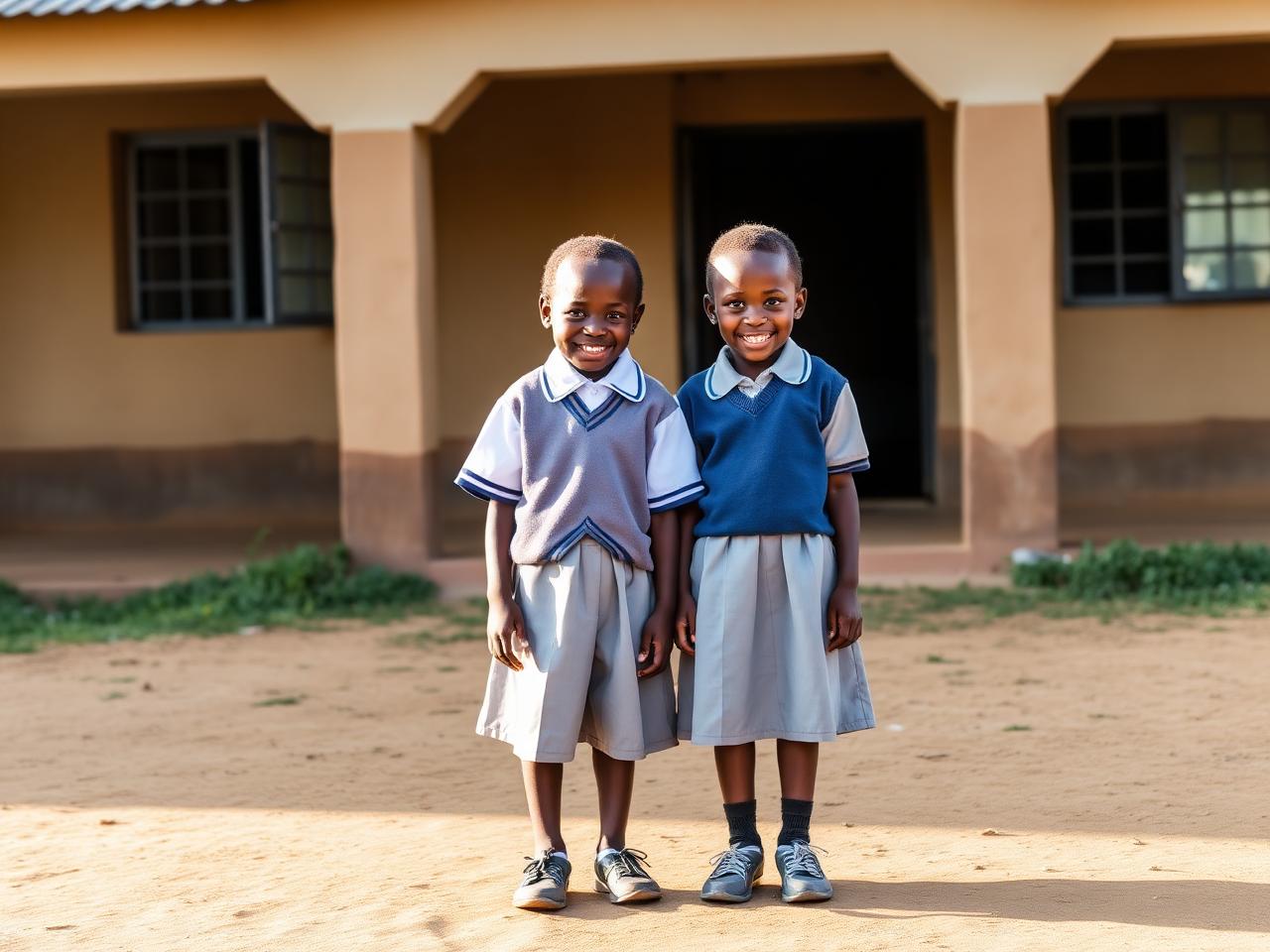 Two African schoolkids standing proudly in brand new school uniforms and shoes